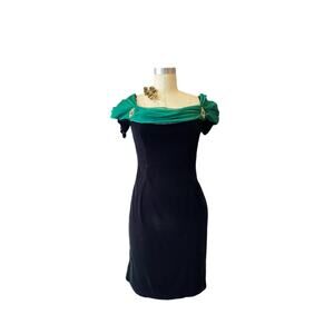 vintage 1980s black velvet cocktail dress with green chiffon, scott mcclintock s